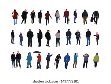 collection with crowd of people walking in the street dressed in demi-season clothes. Group of funny men, women in autumn (spring) clothes. Flat cartoon vector illustration.  - Shutterstock ID 1437772181