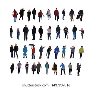 collection with crowd of people walking in the street dressed in demi-season clothes. Group of funny men, women in autumn (spring) clothes. Flat cartoon vector illustration.  - Shutterstock ID 1437989816