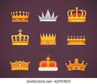 Collection of crown awards for winners, champions, leadership. Royal king, queen, princess crowns.