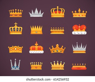 Collection of crown icons awards for winners, champions, leadership. Royal king, queen, princess crowns.