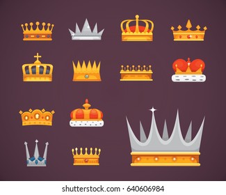 Collection of crown icons awards for winners, champions, leadership. Royal king, queen, princess crowns.