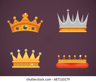 Collection of crown icons awards for winners, champions, leadership. Royal king, queen, princess crowns.