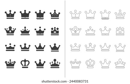 A collection of crown icons representing kings and queens, available in both solid and outlined styles