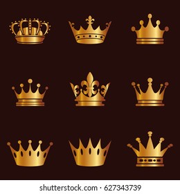 Collection of crown silhouette. Monarchy authority and royal symbols. Golden vintage antique icons. Crown symbol for your web site design, logo, app, UI. Vector illustration, EPS10.