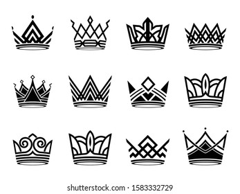 Collection of crown silhouette symbols logo set vector. Queen king crowns luxury royal crowning princess modern black flat style.