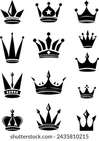 Collection of crown silhouettes.Vector set of royal crowns in black on a transparent background.