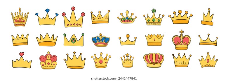 Collection of crowns in doodle style colored outline Hand drawn vector art