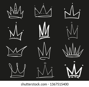 Collection of crowns on black. Hand drawn abstract objects. Line art. Black and white illustration. Sketchy elements