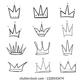 Collection of crowns on white. Hand drawn simple objects. Line art. Black and white illustration. Elements for design