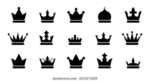 A collection of crowns in various shapes and sizes. The crowns are all black and are arranged in a grid