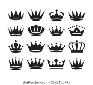 Collection of crowns with white background. Black color crowns icons