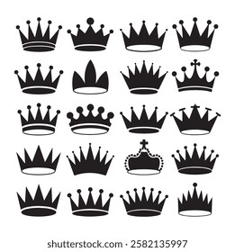 Collection of crowns with white background. Black color crowns icons