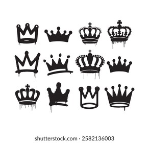 Collection of crowns with white background. Black color doodle crowns icons