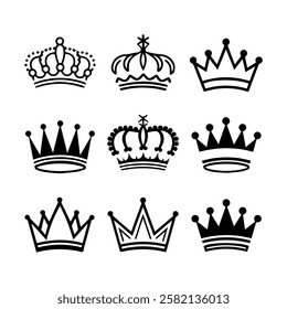 Collection of crowns with white background. Black color crowns icons