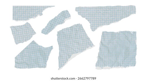 Coleção de folhas de caderno amassadas, rasgadas em uma gaiola recorta com estilo de cartão. Aparência orgânica e biodegradável adequada para projetos de colagem escolar, artesanato. Conjunto vetorial de papel de nota de rip