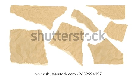 Collection of crumpled, torn paper cutouts with cardboard style. Organic and biodegradable look suited for school collage designs, crafts, or retro eco-themed visuals. Vector set of rip note paper