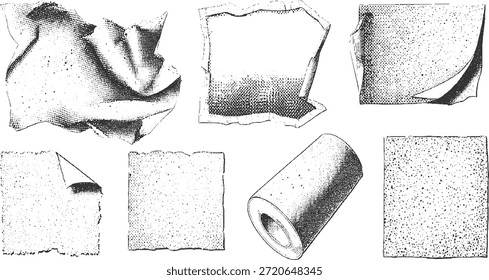 Colección de hojas de papel rasgadas arrugadas y un rollo de papel con textura de punto de semitono