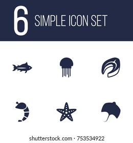 Collection Of Crustaceans, Beefsteak, Sea Star And Other Elements.  Set Of 6 Sea Icons Set. 