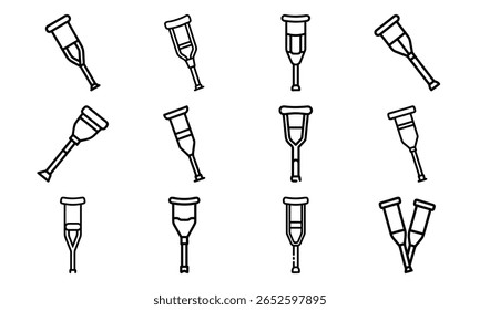 Coleção de ilustrações de muletas que retratam o apoio à mobilidade médica e assistência ortopédica de cuidados de saúde no branco