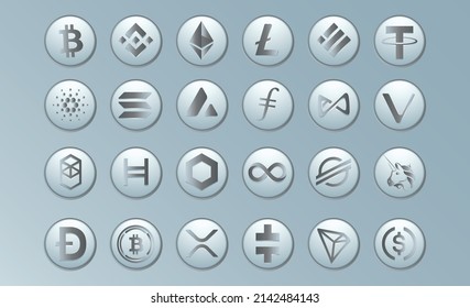 Collection of Crypto coins symbol vector. Set of Bitcoin, Theta, Tron, Uniswap, Stellar, Solana, Tether, Binance, Cardano, Litecoin, Ethereum, Vechain, filecoin, hedera, Xrp, Dogecoin and USD Coin 