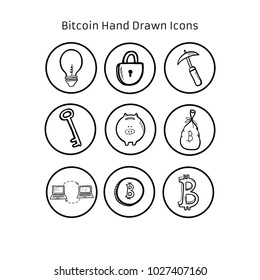 Collection of cryptoccurrency, blockchain and mining icons in circles. Hand drawn vector electronic commerce concept illustration.