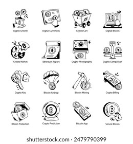 Collection of Cryptocurrencies Doodle Icons 

