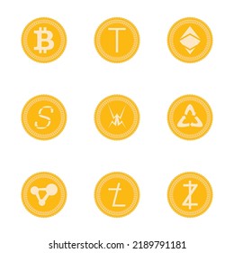 Collection of cryptocurrency coins, crypto money and assets. Vector illustration. Crypto currency payment, electronic gold coin, trade mining concept, cryptography logo, e-commerce pay