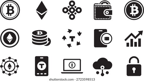 Coleção de ícones de criptomoeda representando a moeda digital e símbolos de tecnologia blockchain, incluindo bitcoin e logotipos de ethereum exibidos em um fundo branco limpo.
