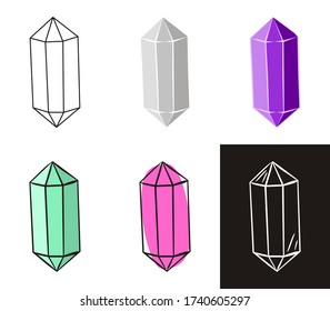 A collection of crystals in different styles: doodle, contour, chalk. Sets of Hand-drawn gems, diamonds, emeralds and rubies. Vector illustration for jewelry store, bijouterie, sale, magic and miracle