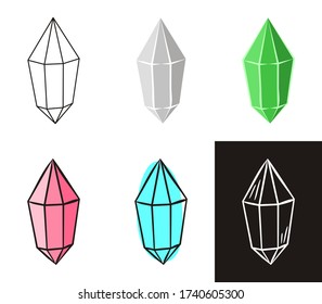 A collection of crystals in different styles: doodle, contour, chalk. Sets of Hand-drawn gems, diamonds, emeralds and rubies. Vector illustration for jewelry store, bijouterie, sale, magic and miracle
