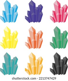 Colección de cristales y minerales de diferentes tipos y colores. Formación natural de rocas y cristales. Magia y misticismo. Estudios geológicos de formaciones minerales.