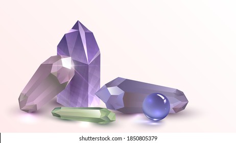 Colección de cristales en un fondo claro, piedras mágicas o joyas