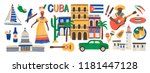 Collection of Cuba attributes isolated on white background - musical instruments, Cuban rum, flag, building, sombrero hat, chili pepper. Colorful vector illustration in modern flat cartoon style.