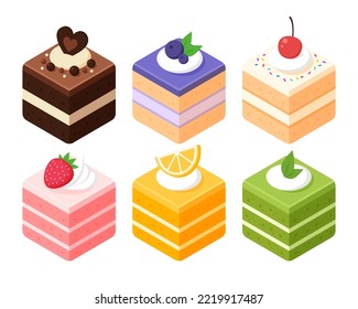 Collection of cube cake slices. Chocolate, strawberry, vanilla, matcha or green tea, orange, and blueberry cake. Isometric sweets icon. Cute cartoon vector illustration. Cafe sweet dessert menu.