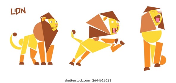 Collection of cubism cartoon designs of lion animals. Cute lion animal geometry. Lion day celebration. protecting animals