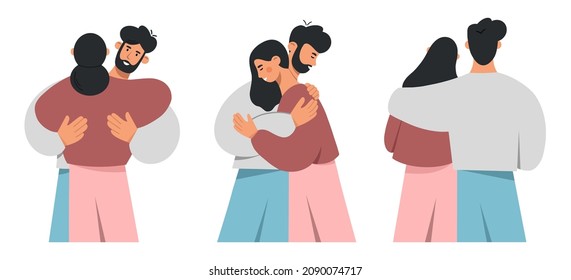 Collection of cuddling couples. Young men and women hugging. Smiling couples embracing each other. The concept of support and love between lovers, friends or family. Flat vector illustration.