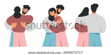 Collection of cuddling couples. Young men and women hugging. Smiling couples embracing each other. The concept of support and love between lovers, friends or family. Flat vector illustration.