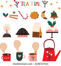 collection of culinary sweet pastries, cookies, pies, teapot and mugs with hot drink in festive christmas style.