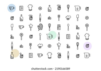Collection of culinary vector icons. Confectioner icons: whisk, cup, mixer, piping bag, cupcake, cupcake, cake, lollipop, flour, chef's hat, potholder, measuring cup. Culinary illustrations.