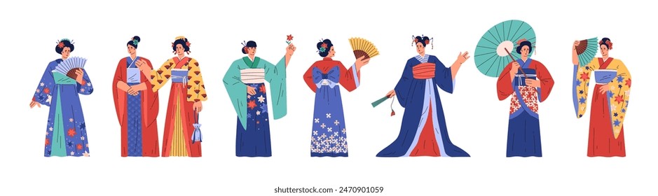 Collection of cultural Japanese clothing. Illustrated set of women in various kimonos and classic accessories, done in a flat style on an isolated background for easy reference.