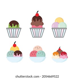Collection a cup of ice cream icons set on a white background. Full color pastel. Vector illustration. Eps 10.