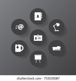 Collection Of Cup, Illuminator, Message And Other Elements.  Set Of 7 Office Icons Set. 