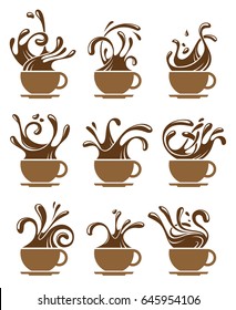 collection of cup with splashing coffee 