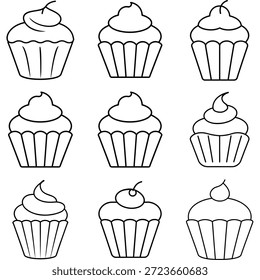 Coleção de Cupcake Line Art Illustrations design
