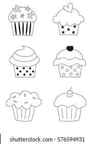 Collection of cupcake vector: Free hand drawing cupcake in black and white color