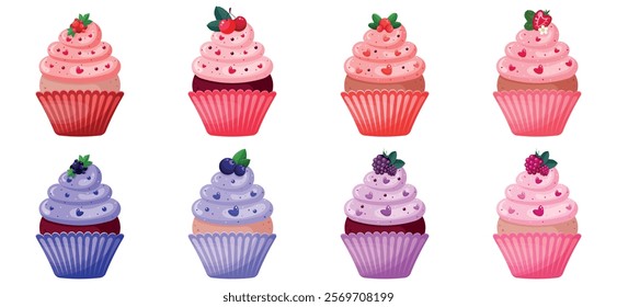 Collection of cupcakes with berries. Muffins with strawberry, cherry, cranberry, currants, raspberry.  Flat isolated cute cupcakes on white background. Romantic set of deserts.Vector illustration. 