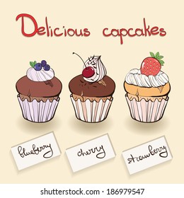 collection of cupcakes with berries and whipped cream