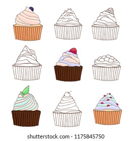 collection of cupcakes, black and white outline and colorful isolated elements, decorative banner, dessert postcard