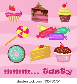 Collection of cupcakes croissants donuts sweets and cookies.