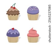 A collection of cupcakes with different colored toppings. Set of muffin. Dessert food. Berry muffin. Chocolate muffin.